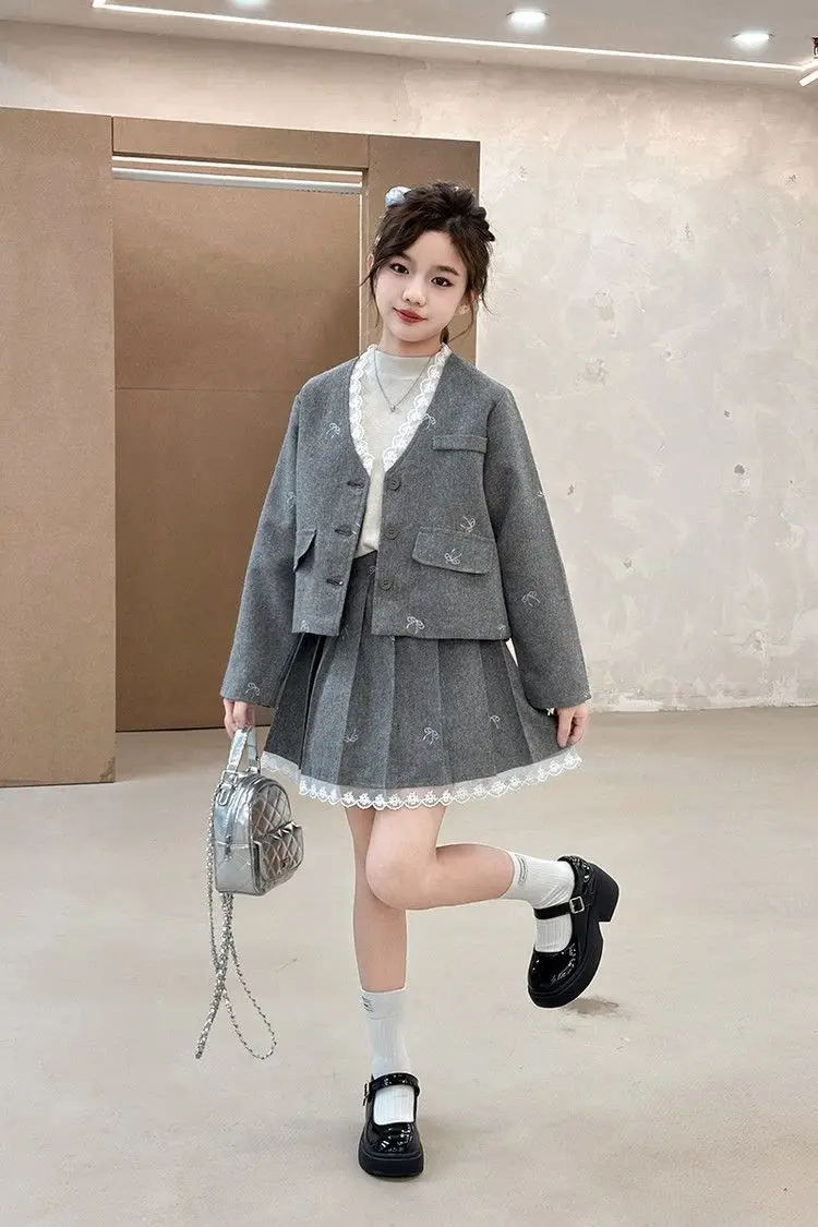 Junior Girl JK School Uniform Set Unique Formal Chain Smart Jackets and Pleated Skirt 2Pcs School Kids Child Uniform Blazer Suit