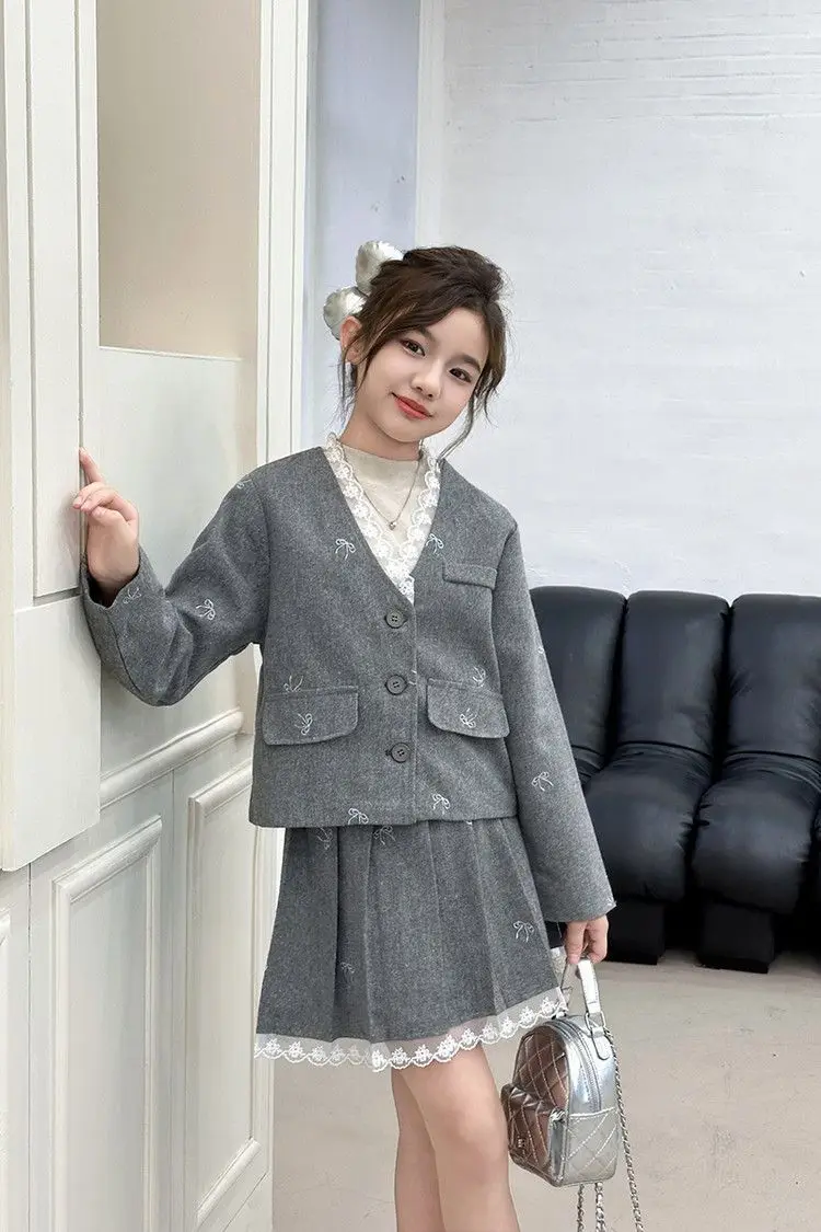 Junior Girl JK School Uniform Set Unique Formal Chain Smart Jackets and Pleated Skirt 2Pcs School Kids Child Uniform Blazer Suit