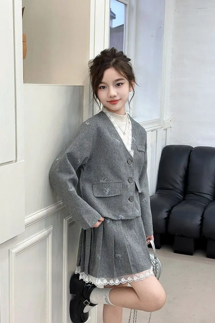 Junior Girl JK School Uniform Set Unique Formal Chain Smart Jackets and Pleated Skirt 2Pcs School Kids Child Uniform Blazer Suit