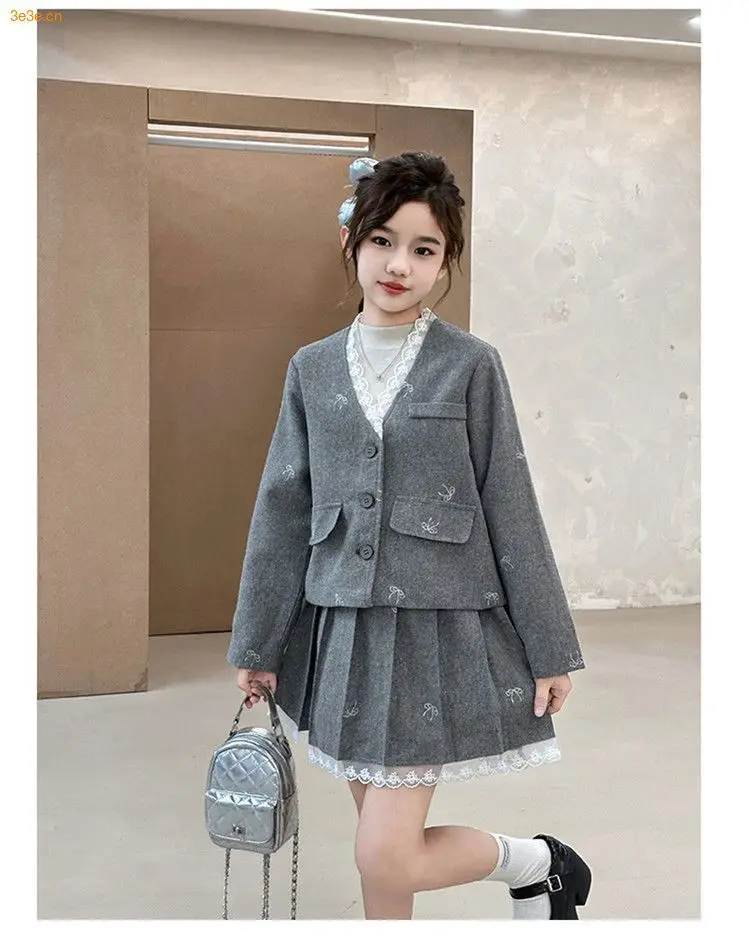 Junior Girl JK School Uniform Set Unique Formal Chain Smart Jackets and Pleated Skirt 2Pcs School Kids Child Uniform Blazer Suit