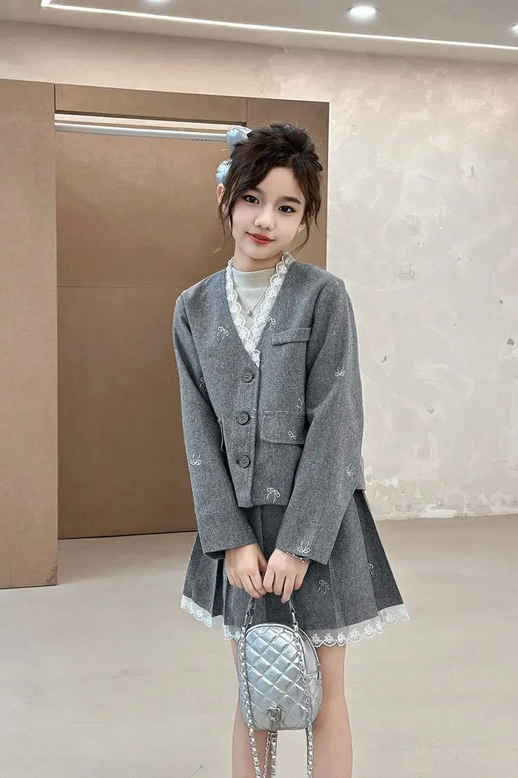 Junior Girl JK School Uniform Set Unique Formal Chain Smart Jackets and Pleated Skirt 2Pcs School Kids Child Uniform Blazer Suit