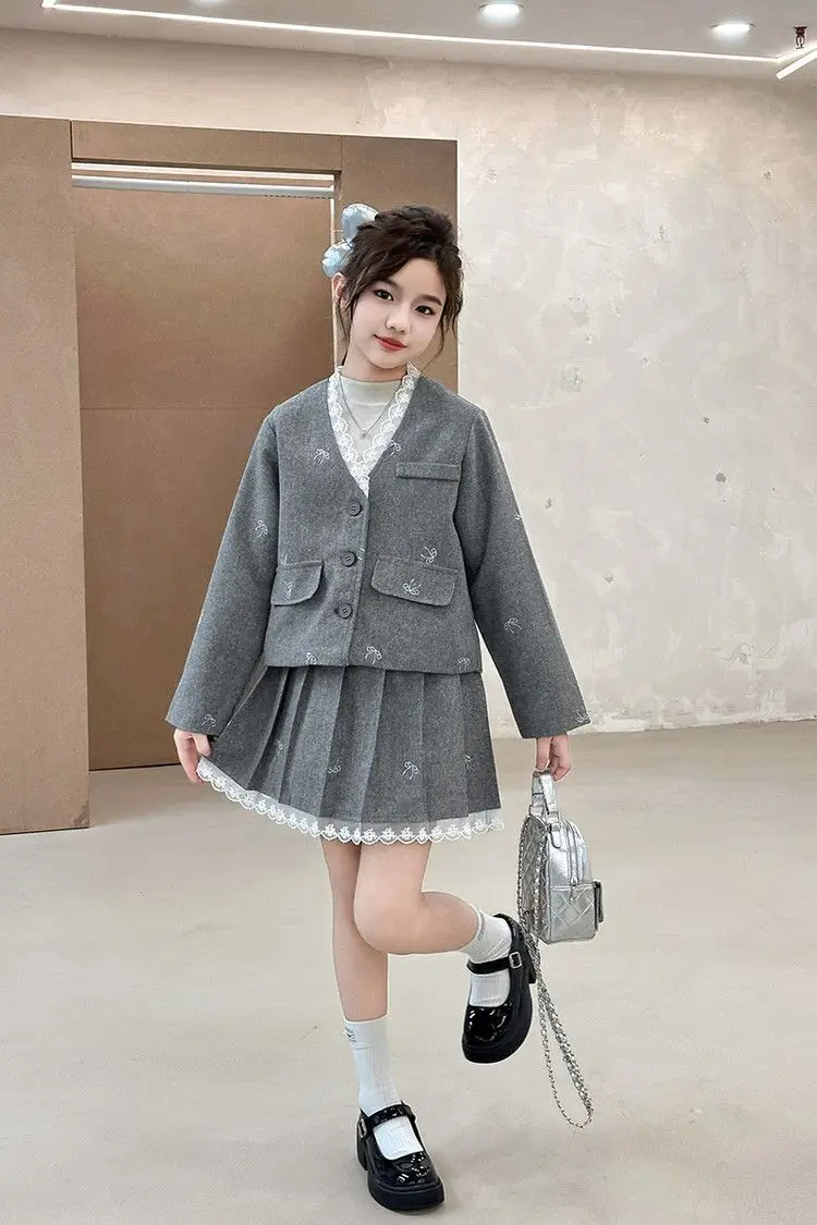 Junior Girl JK School Uniform Set Unique Formal Chain Smart Jackets and Pleated Skirt 2Pcs School Kids Child Uniform Blazer Suit