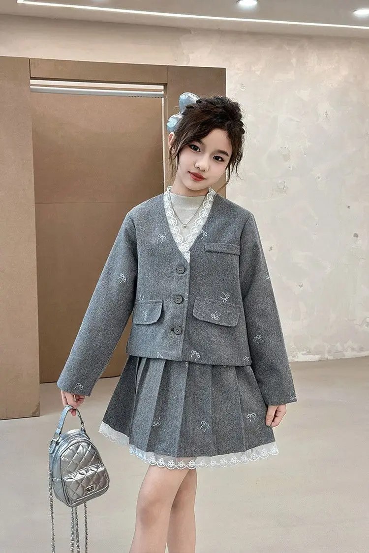 Junior Girl JK School Uniform Set Unique Formal Chain Smart Jackets and Pleated Skirt 2Pcs School Kids Child Uniform Blazer Suit