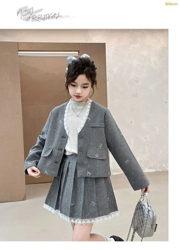 Junior Girl JK School Uniform Set Unique Formal Chain Smart Jackets and Pleated Skirt 2Pcs School Kids Child Uniform Blazer Suit