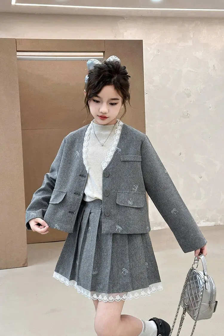 Junior Girl JK School Uniform Set Unique Formal Chain Smart Jackets and Pleated Skirt 2Pcs School Kids Child Uniform Blazer Suit
