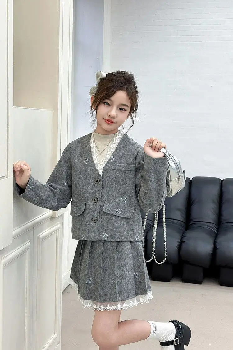 Junior Girl JK School Uniform Set Unique Formal Chain Smart Jackets and Pleated Skirt 2Pcs School Kids Child Uniform Blazer Suit