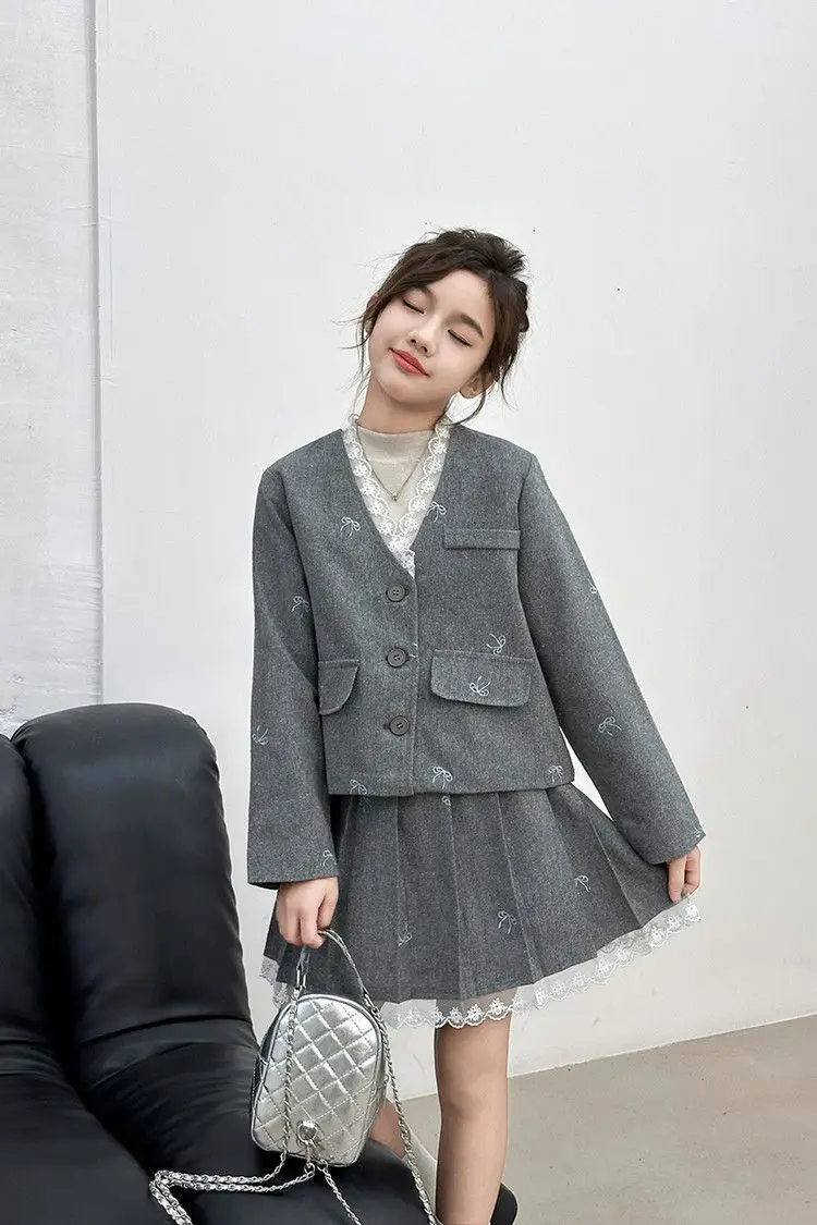 Junior Girl JK School Uniform Set Unique Formal Chain Smart Jackets and Pleated Skirt 2Pcs School Kids Child Uniform Blazer Suit