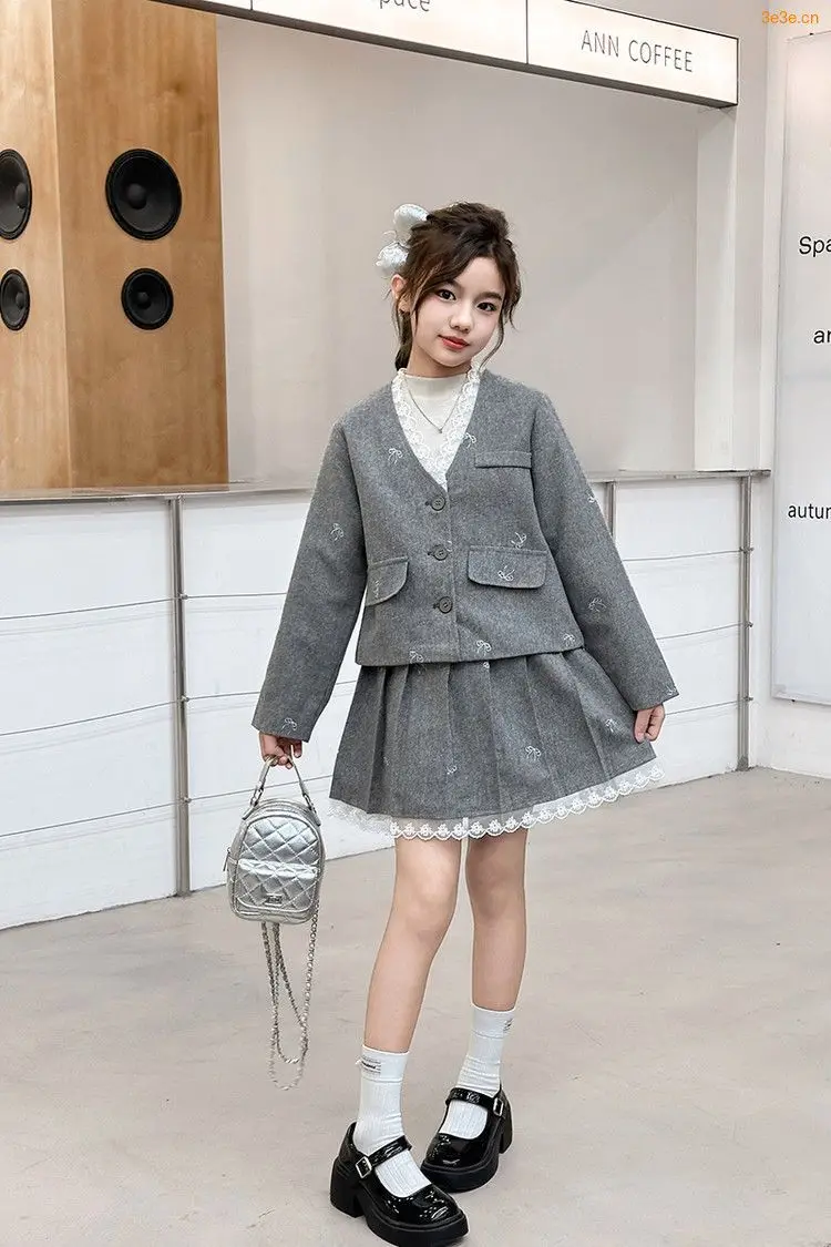 Junior Girl JK School Uniform Set Unique Formal Chain Smart Jackets and Pleated Skirt 2Pcs School Kids Child Uniform Blazer Suit