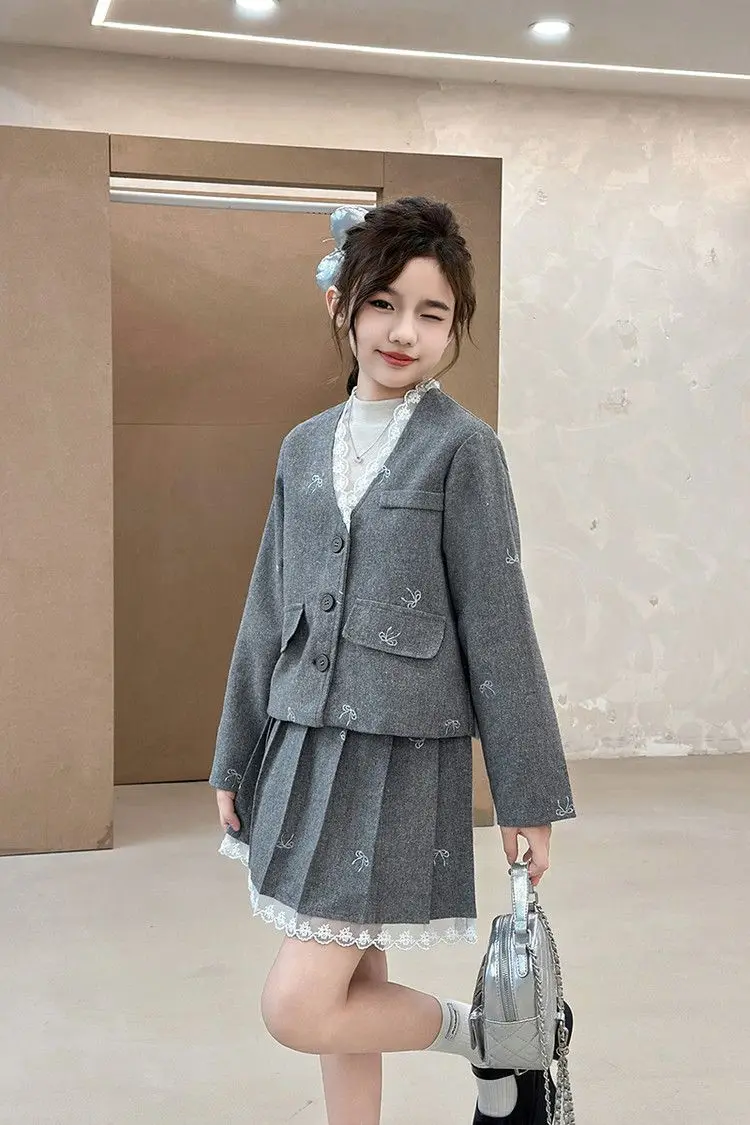Junior Girl JK School Uniform Set Unique Formal Chain Smart Jackets and Pleated Skirt 2Pcs School Kids Child Uniform Blazer Suit