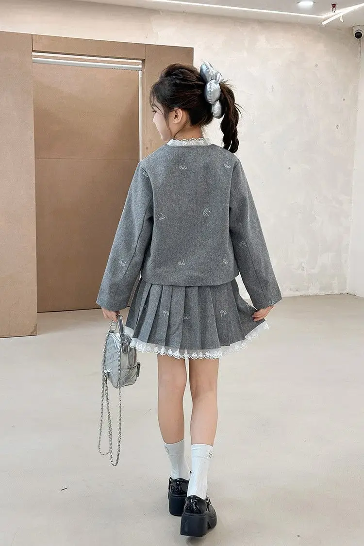Junior Girl JK School Uniform Set Unique Formal Chain Smart Jackets and Pleated Skirt 2Pcs School Kids Child Uniform Blazer Suit