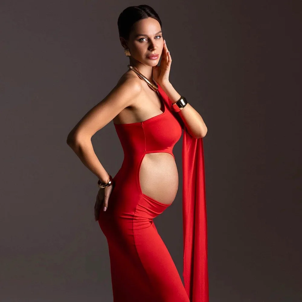 Maternity Dresses For Baby Showers Sexy Hollow Out Design Red Dress One Shoulder Extra Long Sleeves Photography Dress For Women