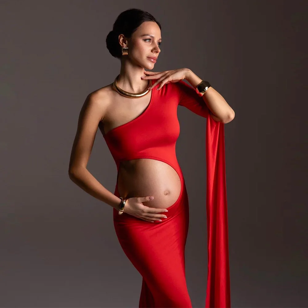 Maternity Dresses For Baby Showers Sexy Hollow Out Design Red Dress One Shoulder Extra Long Sleeves Photography Dress For Women