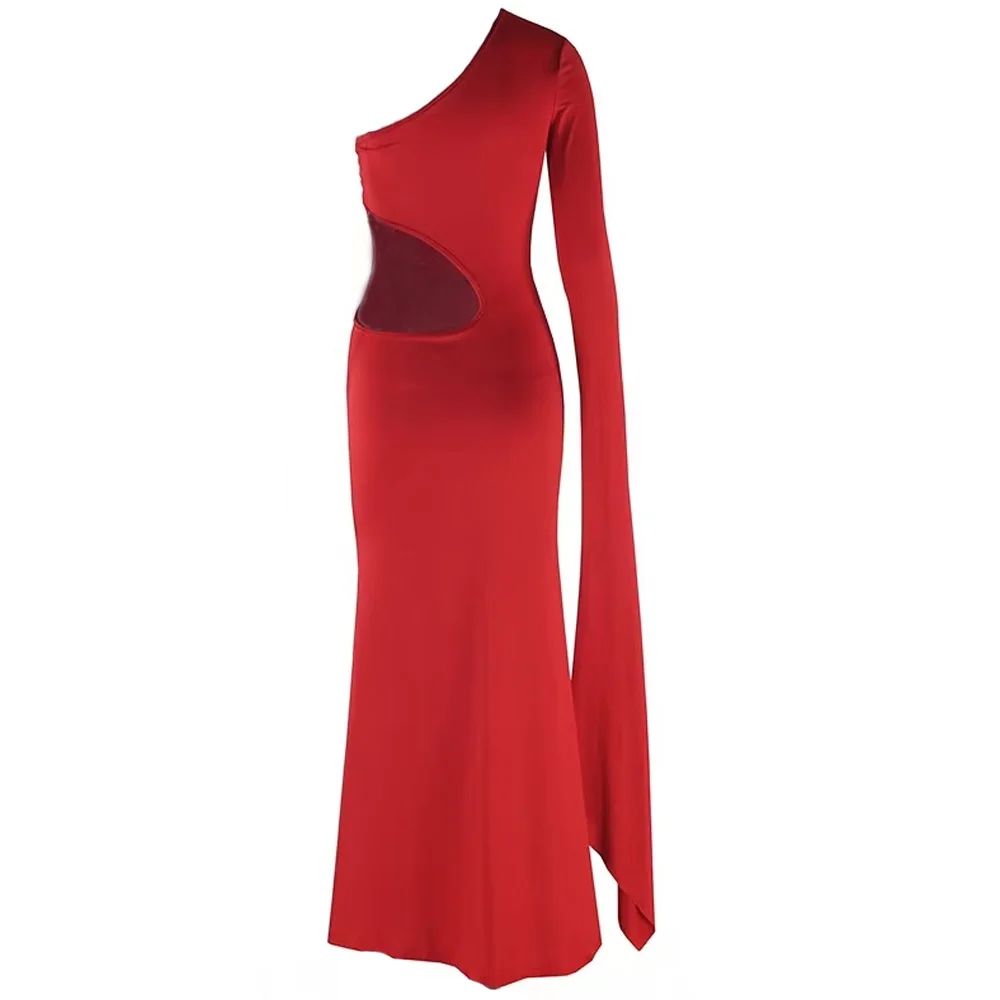 Maternity Dresses For Baby Showers Sexy Hollow Out Design Red Dress One Shoulder Extra Long Sleeves Photography Dress For Women