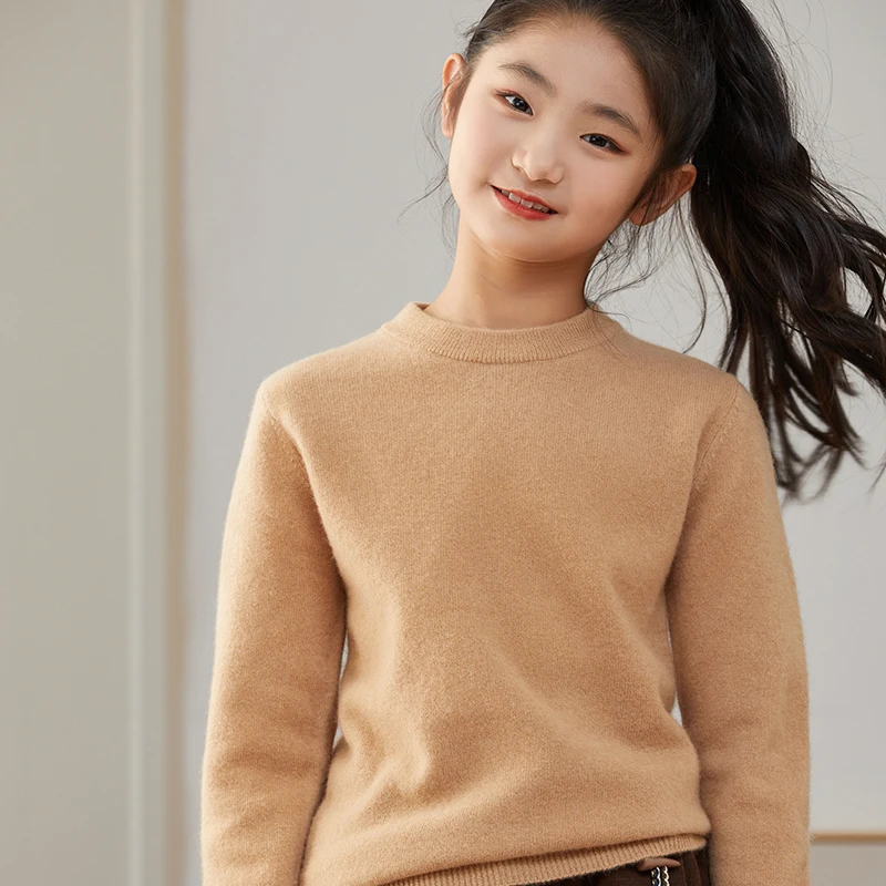 Children's 100% Merino Wool Pullover Sweater Autumn Winter Boys Girls O-neck Soild Basic Long Sleeve Cashmere Sweater Thick Warm