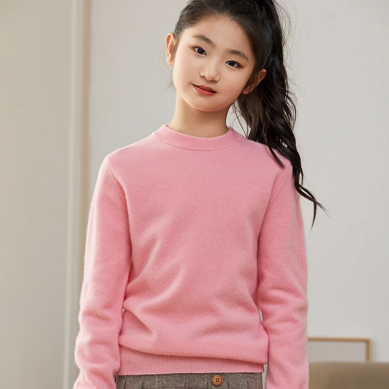Children's 100% Merino Wool Pullover Sweater Autumn Winter Boys Girls O-neck Soild Basic Long Sleeve Cashmere Sweater Thick Warm