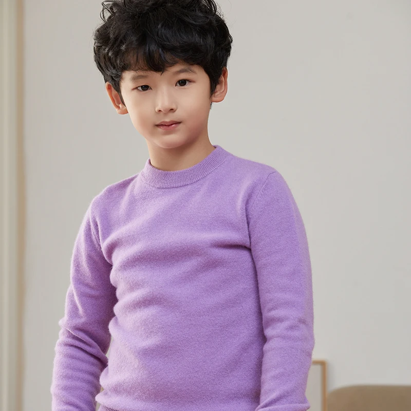 Children's 100% Merino Wool Pullover Sweater Autumn Winter Boys Girls O-neck Soild Basic Long Sleeve Cashmere Sweater Thick Warm