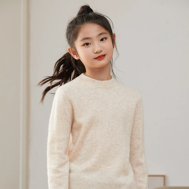 Children's 100% Merino Wool Pullover Sweater Autumn Winter Boys Girls O-neck Soild Basic Long Sleeve Cashmere Sweater Thick Warm
