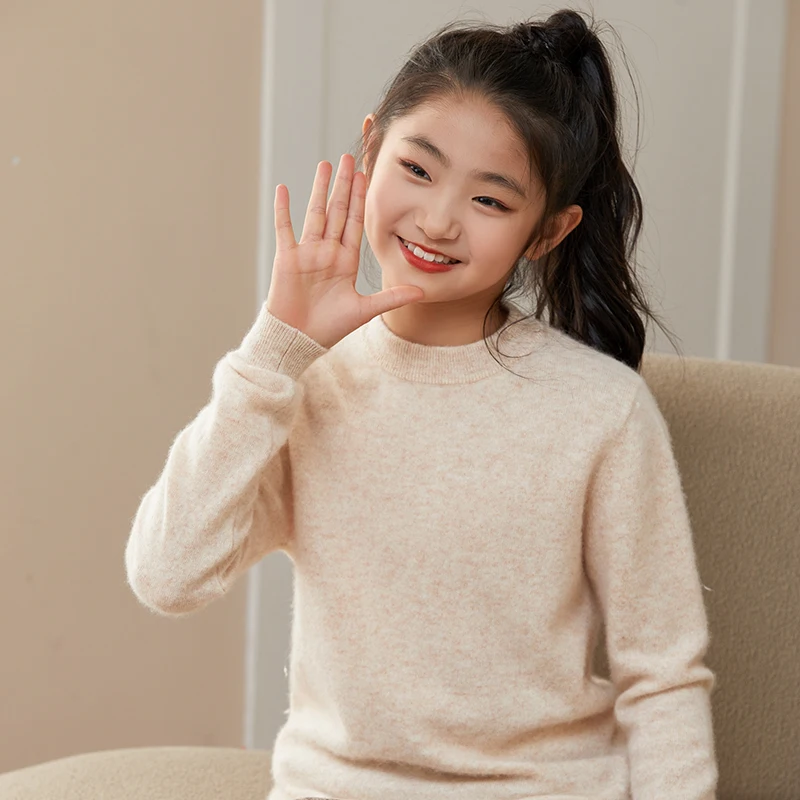 Children's 100% Merino Wool Pullover Sweater Autumn Winter Boys Girls O-neck Soild Basic Long Sleeve Cashmere Sweater Thick Warm