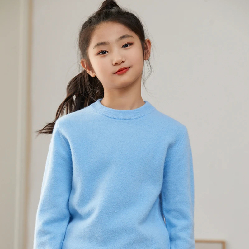 Children's 100% Merino Wool Pullover Sweater Autumn Winter Boys Girls O-neck Soild Basic Long Sleeve Cashmere Sweater Thick Warm
