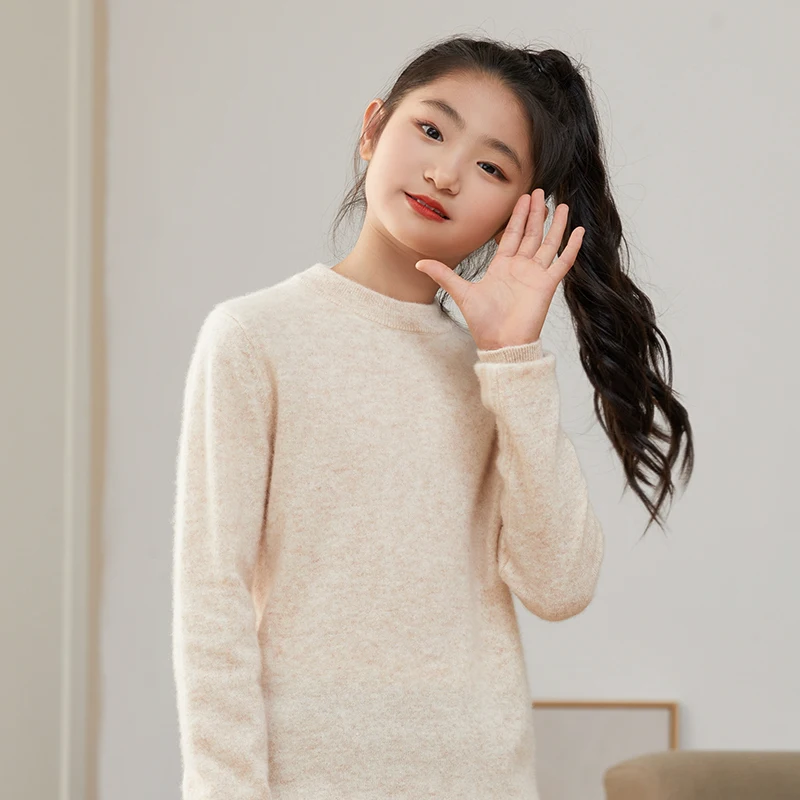Children's 100% Merino Wool Pullover Sweater Autumn Winter Boys Girls O-neck Soild Basic Long Sleeve Cashmere Sweater Thick Warm