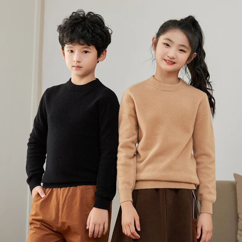 Children's 100% Merino Wool Pullover Sweater Autumn Winter Boys Girls O-neck Soild Basic Long Sleeve Cashmere Sweater Thick Warm
