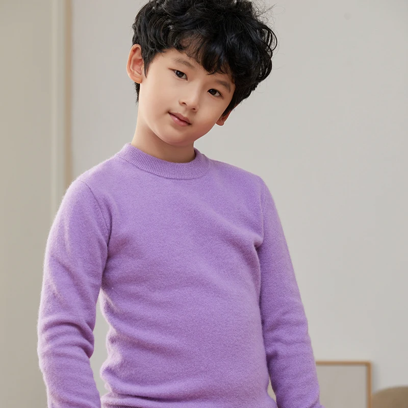 Children's 100% Merino Wool Pullover Sweater Autumn Winter Boys Girls O-neck Soild Basic Long Sleeve Cashmere Sweater Thick Warm