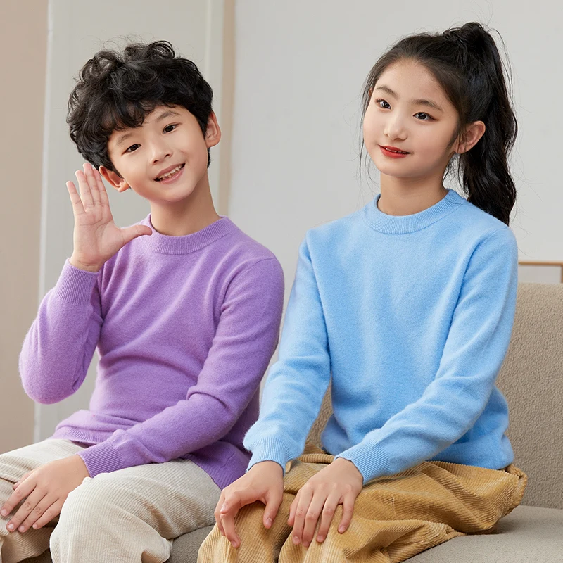 Children's 100% Merino Wool Pullover Sweater Autumn Winter Boys Girls O-neck Soild Basic Long Sleeve Cashmere Sweater Thick Warm