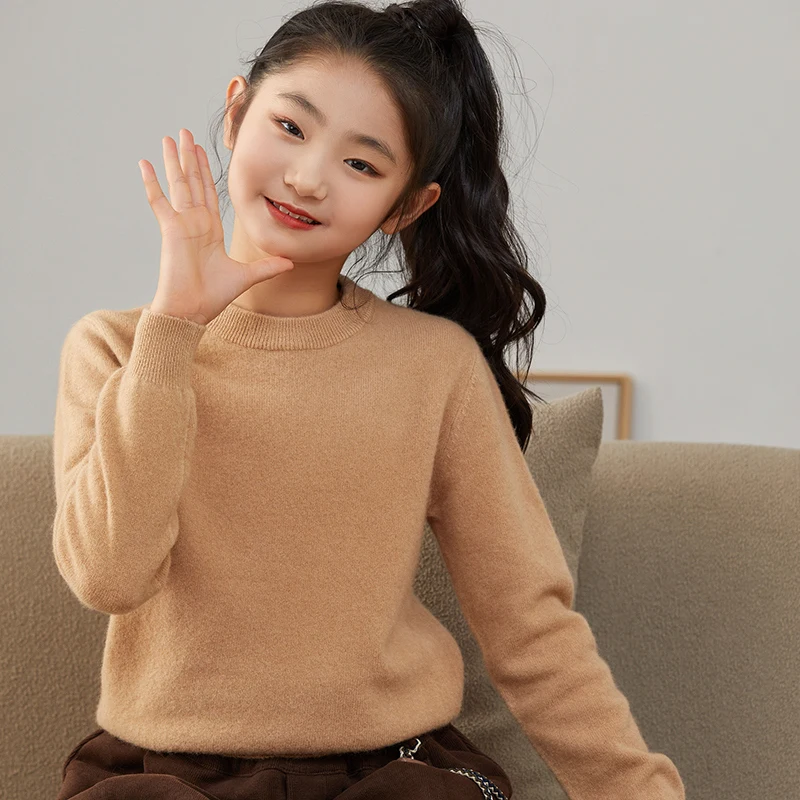 Children's 100% Merino Wool Pullover Sweater Autumn Winter Boys Girls O-neck Soild Basic Long Sleeve Cashmere Sweater Thick Warm
