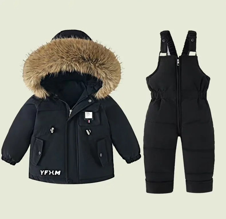 Winter Warm New Baby Snowsuit 2-6 Y Children Outdoor Thicken Fur Hooded Jacket+Overalls 2Pcs Duck Down Set For Kids Girls Boys