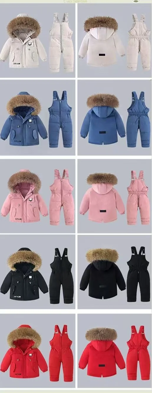Winter Warm New Baby Snowsuit 2-6 Y Children Outdoor Thicken Fur Hooded Jacket+Overalls 2Pcs Duck Down Set For Kids Girls Boys