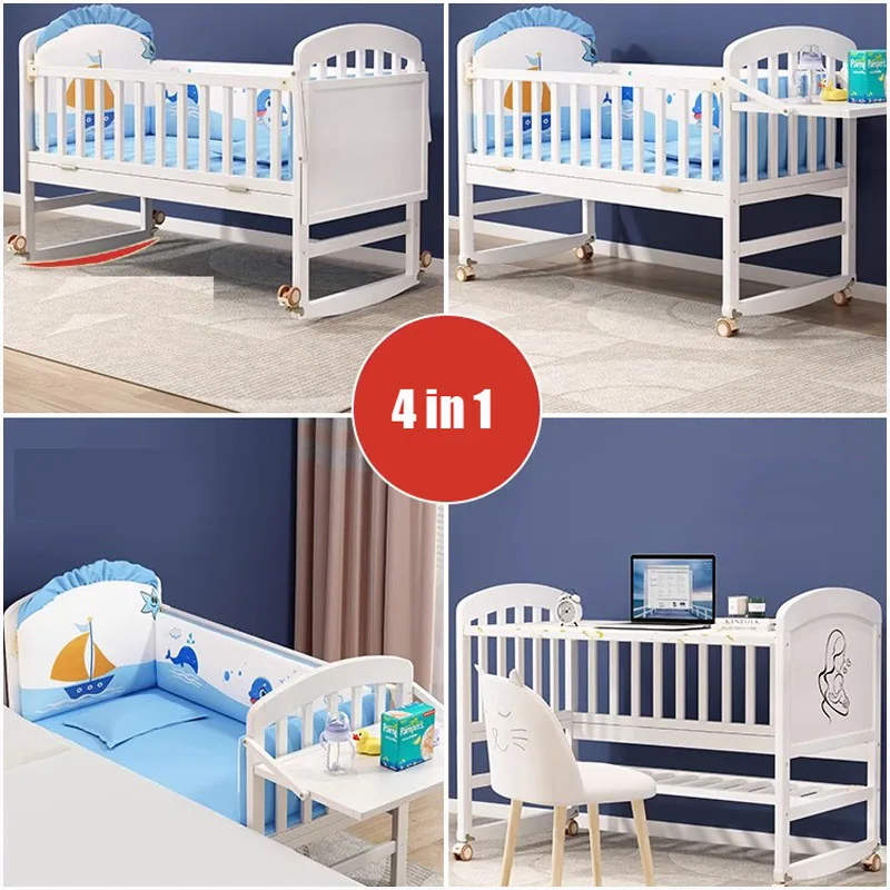 European-Style Solid Wood Newborn Cradle: Versatile Movable Baby Bed, Converts to a Full Bed for Toddlers