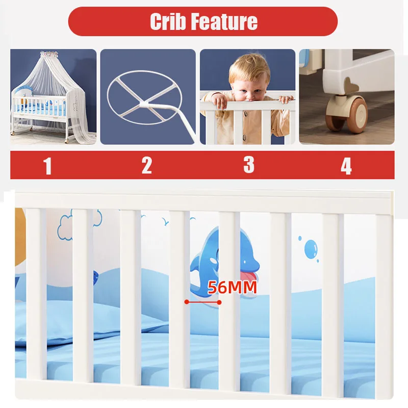 European-Style Solid Wood Newborn Cradle: Versatile Movable Baby Bed, Converts to a Full Bed for Toddlers
