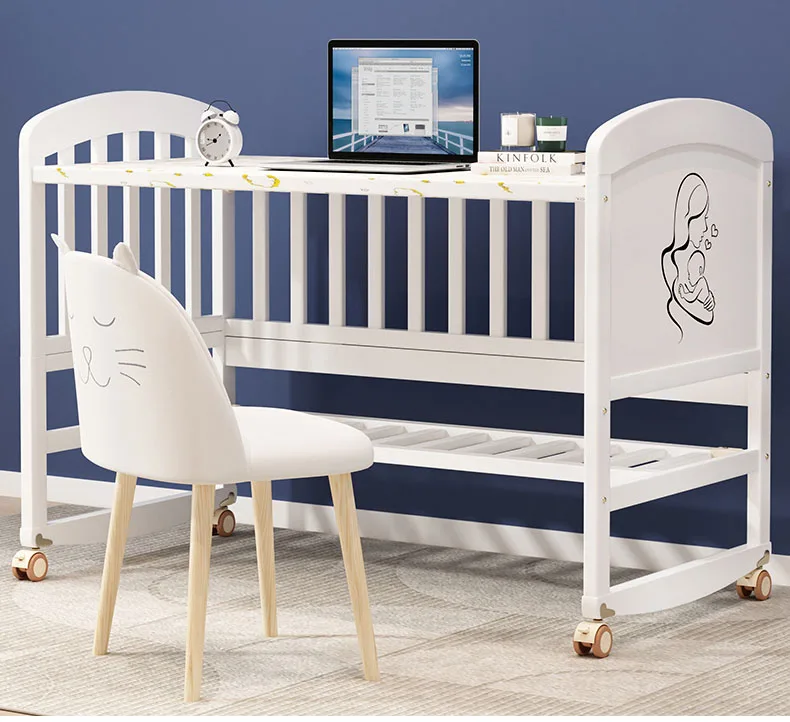 European-Style Solid Wood Newborn Cradle: Versatile Movable Baby Bed, Converts to a Full Bed for Toddlers