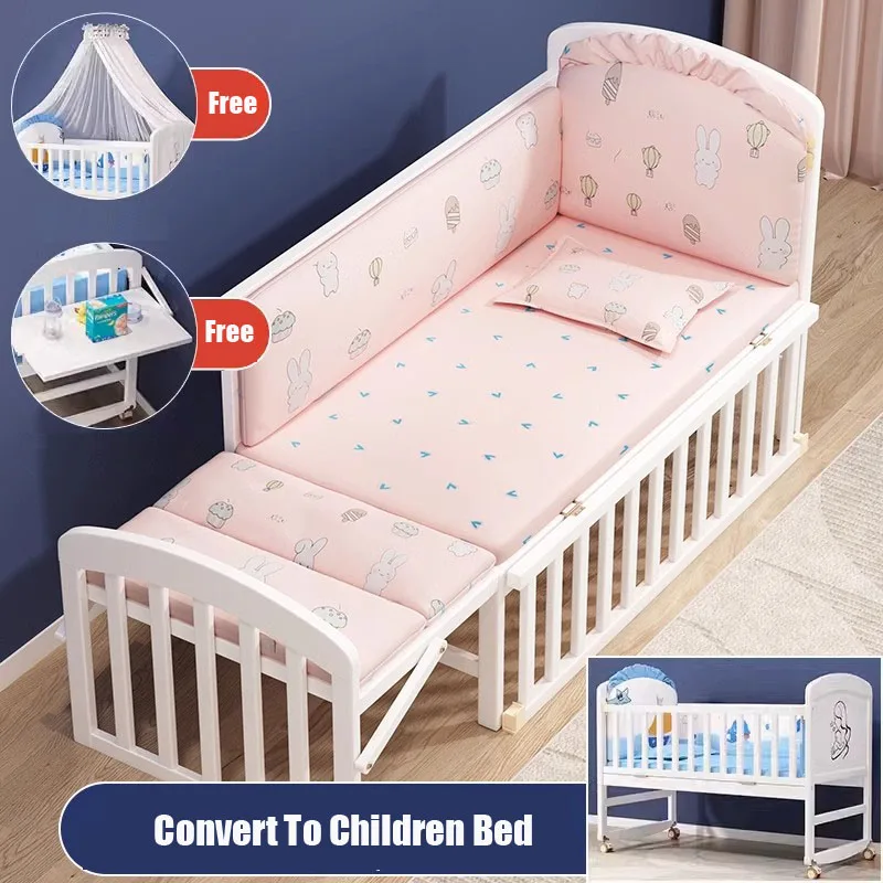 European-Style Solid Wood Newborn Cradle: Versatile Movable Baby Bed, Converts to a Full Bed for Toddlers