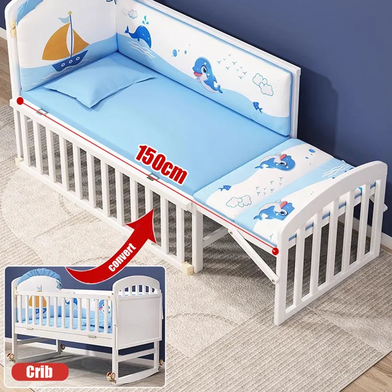 European-Style Solid Wood Newborn Cradle: Versatile Movable Baby Bed, Converts to a Full Bed for Toddlers