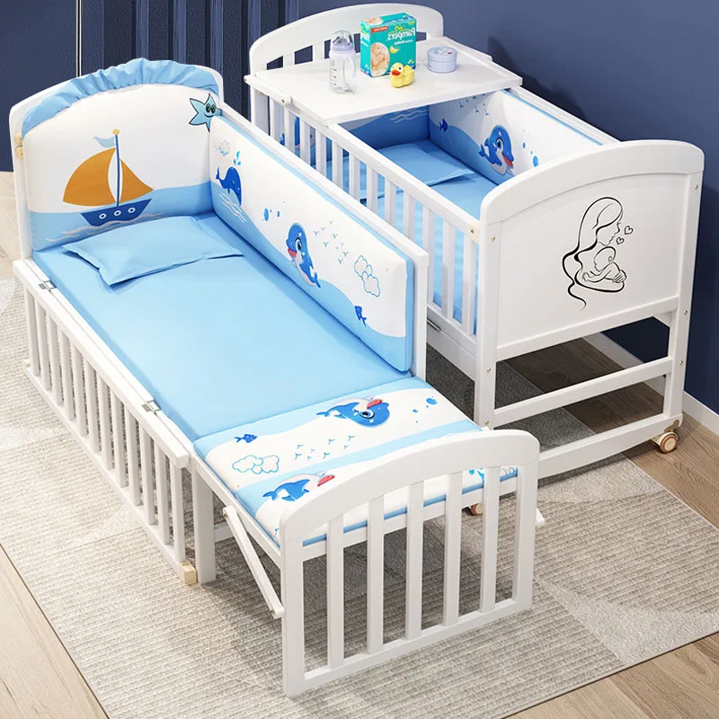 European-Style Solid Wood Newborn Cradle: Versatile Movable Baby Bed, Converts to a Full Bed for Toddlers