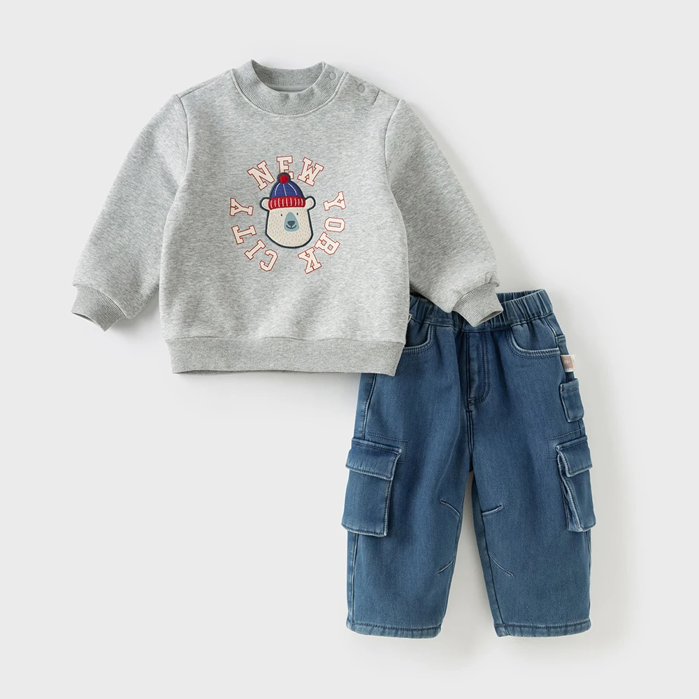 Dave Bella Children's Cargo Jean Pants Winter Autumn Velvet Thicken Boys Cowboy Straight Pants Casual Warm Trousers DB4253806