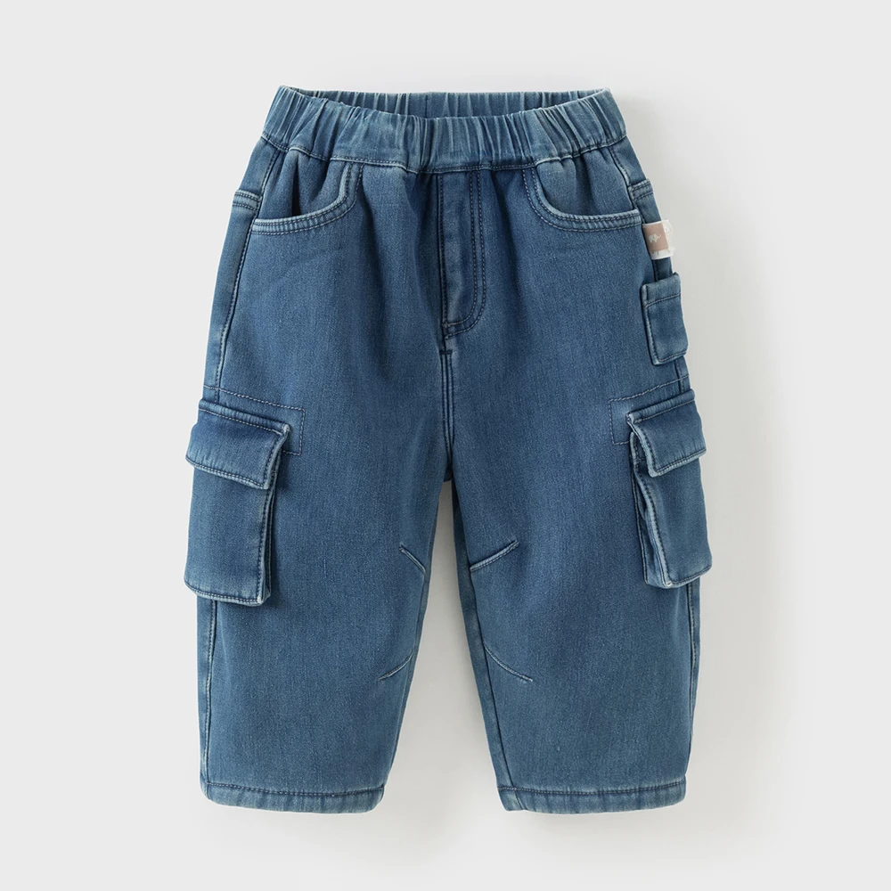 Dave Bella Children's Cargo Jean Pants Winter Autumn Velvet Thicken Boys Cowboy Straight Pants Casual Warm Trousers DB4253806