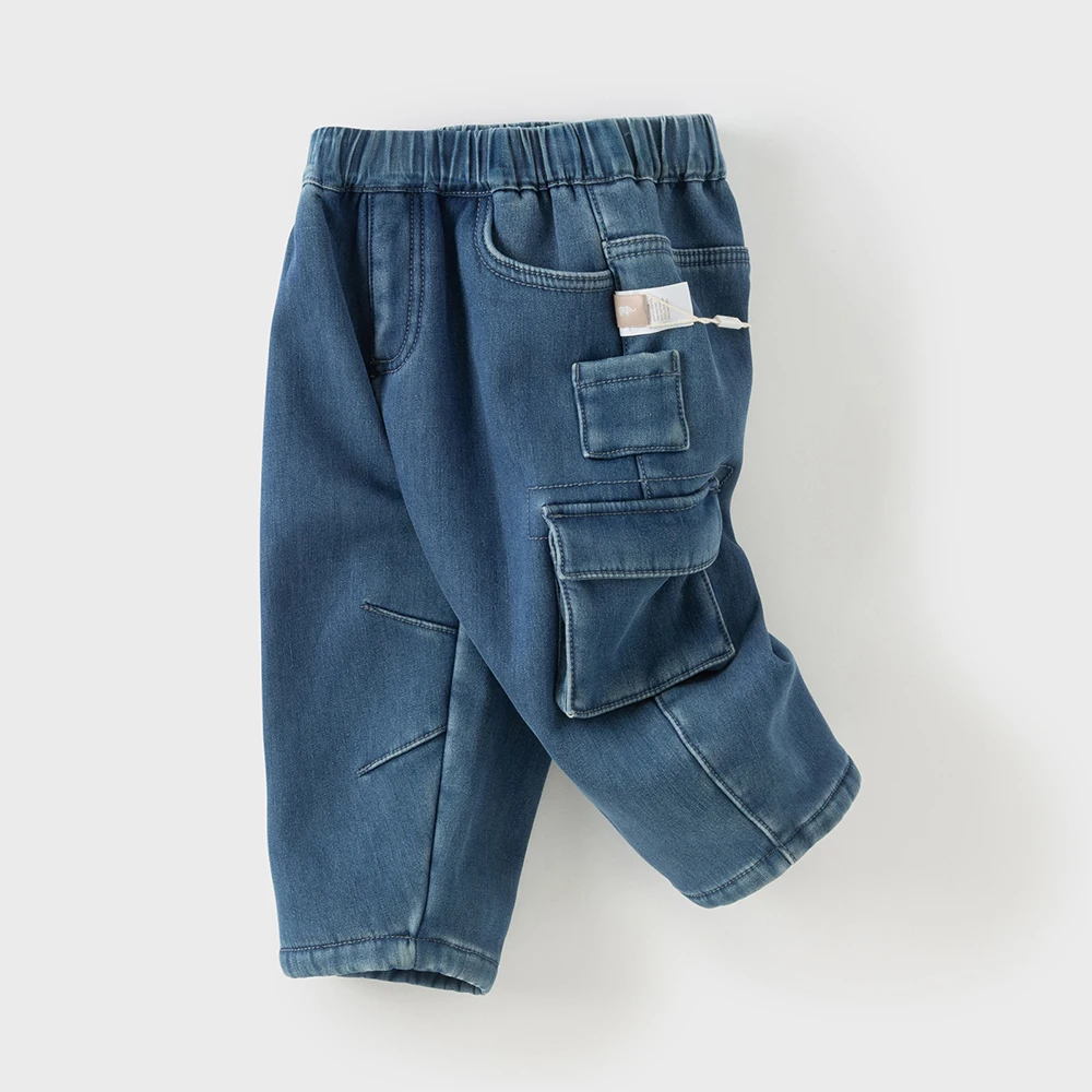 Dave Bella Children's Cargo Jean Pants Winter Autumn Velvet Thicken Boys Cowboy Straight Pants Casual Warm Trousers DB4253806