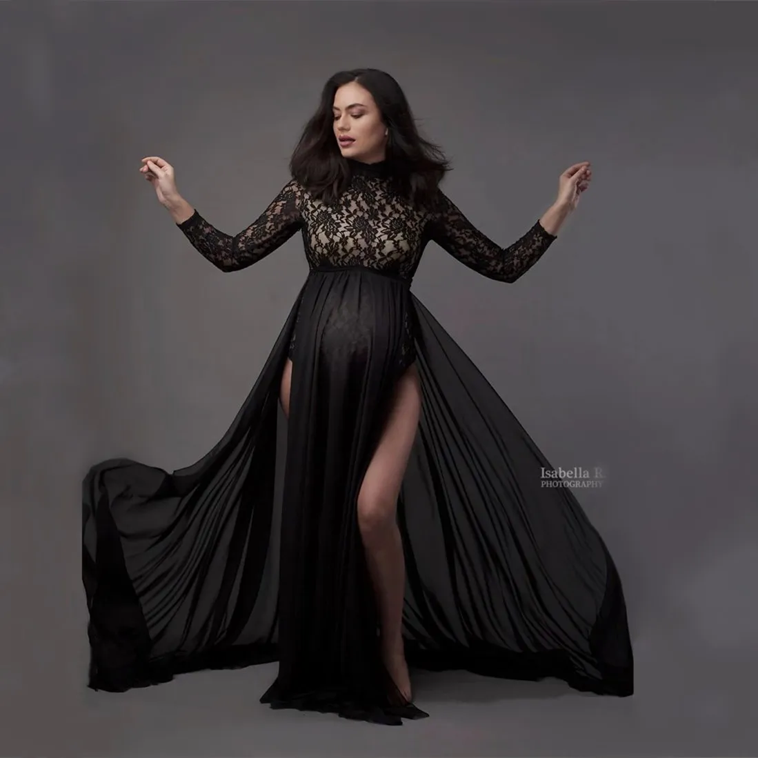 Maternity Dresses for Photo Shoot Long Sleeve Bodysuit+High Split Pregnancy Maxi Gown Chiffon Dress Baby Shower Photography