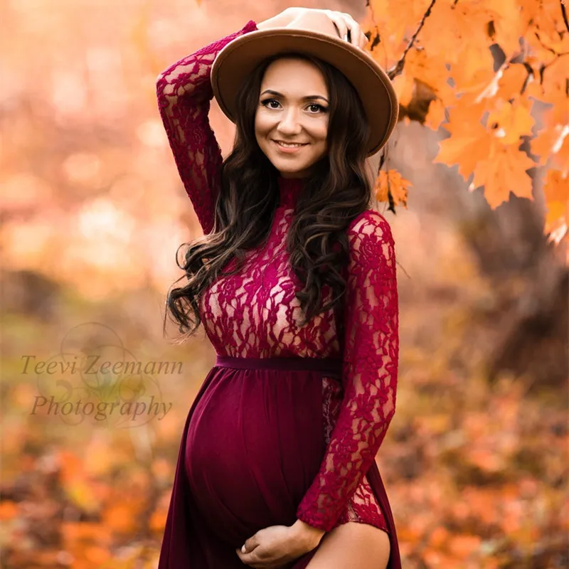Maternity Dresses for Photo Shoot Long Sleeve Bodysuit+High Split Pregnancy Maxi Gown Chiffon Dress Baby Shower Photography