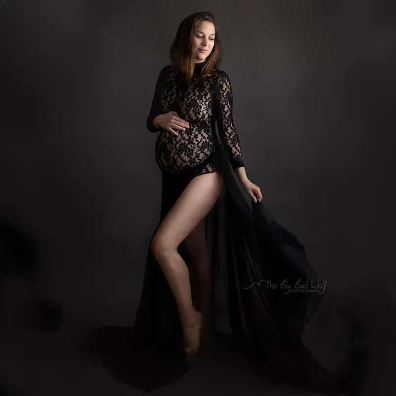 Maternity Dresses for Photo Shoot Long Sleeve Bodysuit+High Split Pregnancy Maxi Gown Chiffon Dress Baby Shower Photography