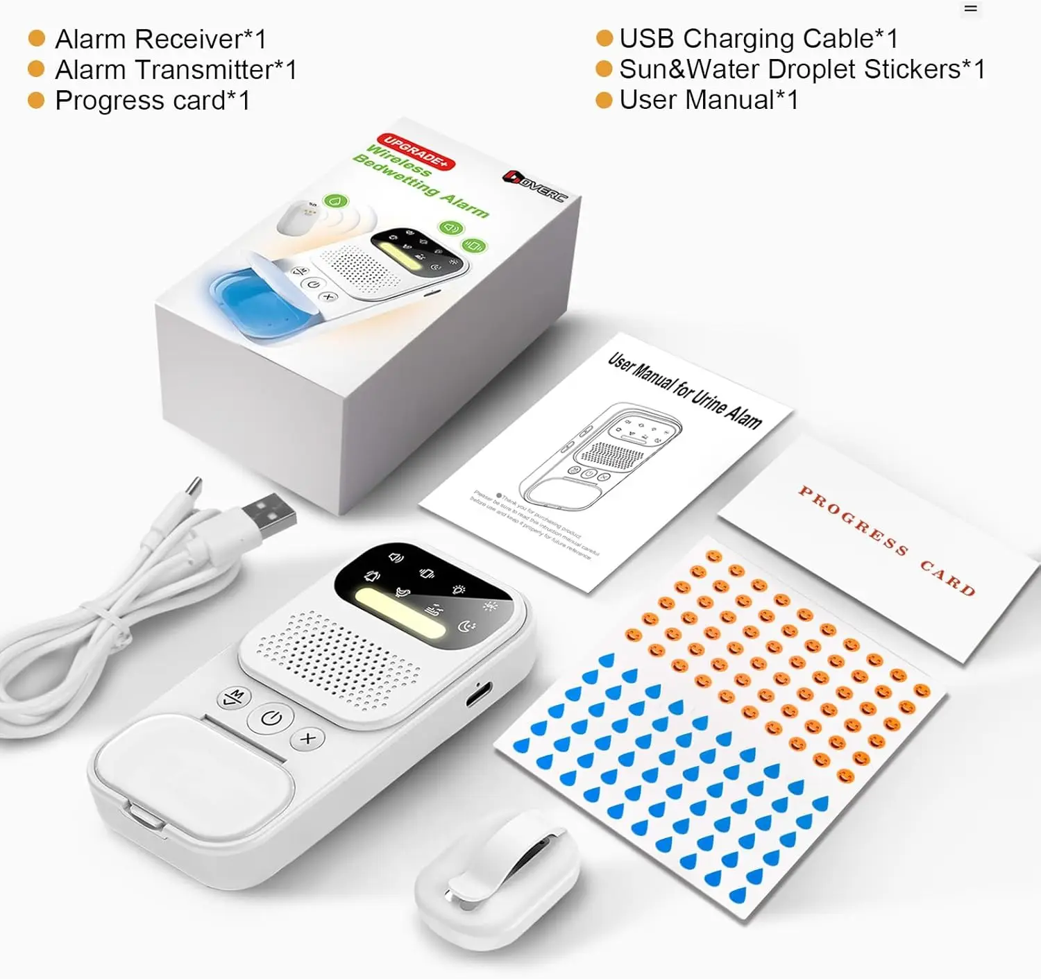 Bedwetting Alarm, for Boys Girls and Older Kids, Wireless Sensor, UV Mode/Night Light, Sound/Vibration Pee Alarm, White