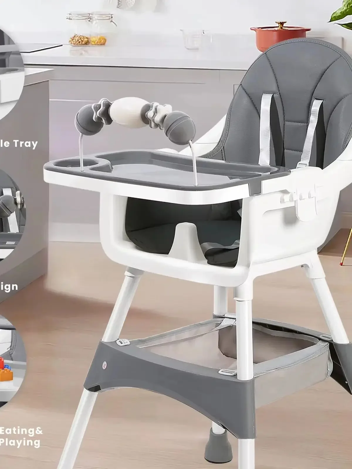 Multifunctional Kids Dining Highchair Height Adjustable Design Removable Tray Safe Sturdy Seat with Footrest & Toy Storage Space