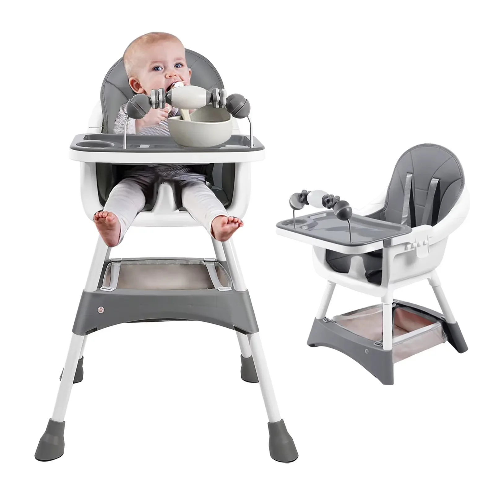 Multifunctional Kids Dining Highchair Height Adjustable Design Removable Tray Safe Sturdy Seat with Footrest & Toy Storage Space