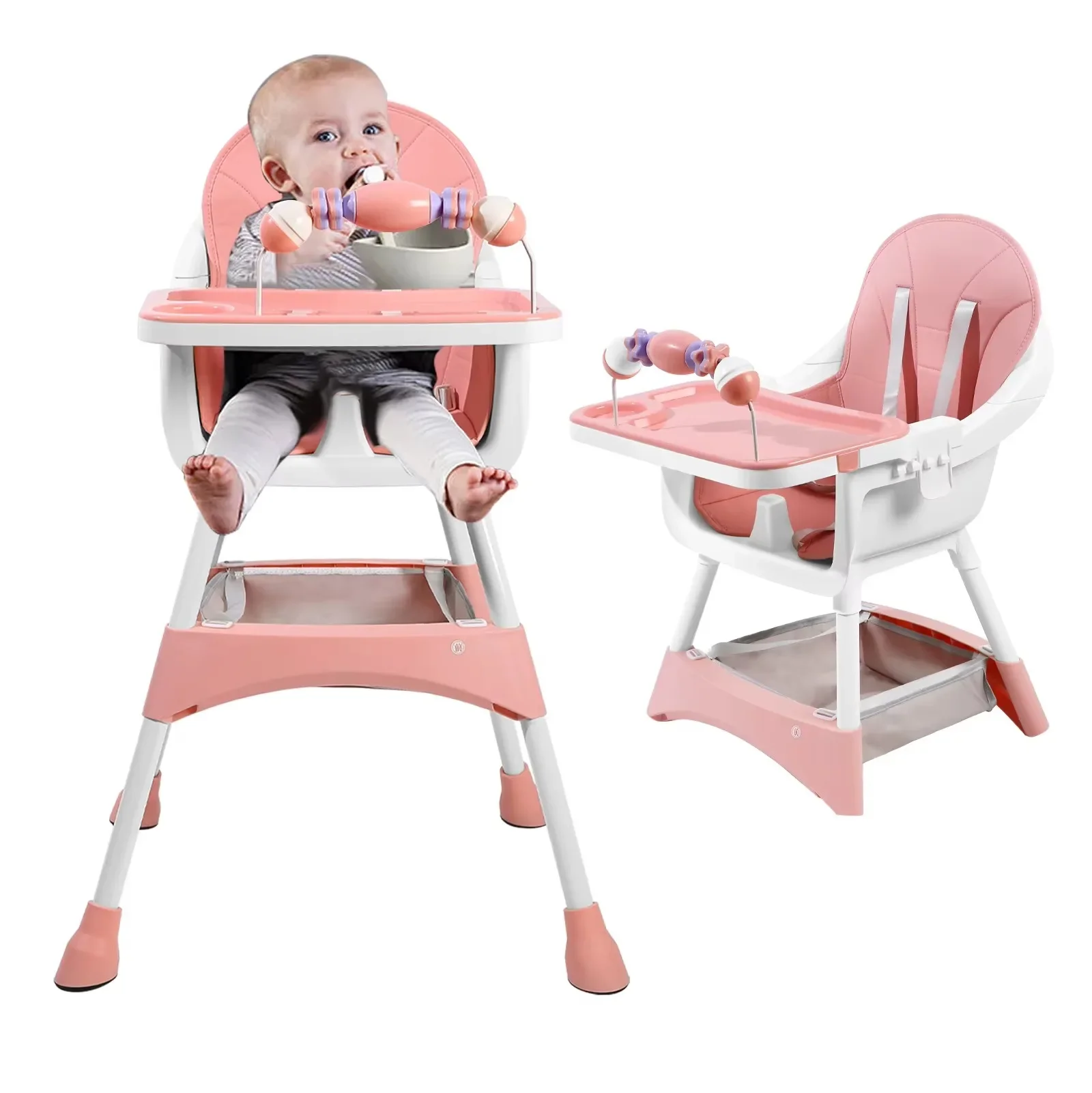 Multifunctional Kids Dining Highchair Height Adjustable Design Removable Tray Safe Sturdy Seat with Footrest & Toy Storage Space