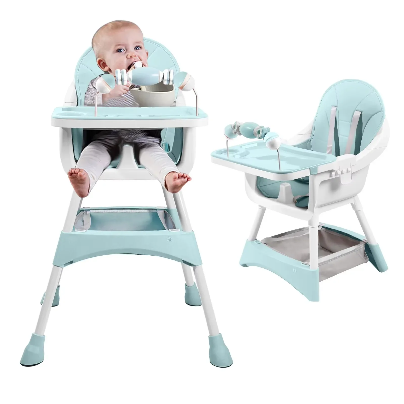 Multifunctional Kids Dining Highchair Height Adjustable Design Removable Tray Safe Sturdy Seat with Footrest & Toy Storage Space