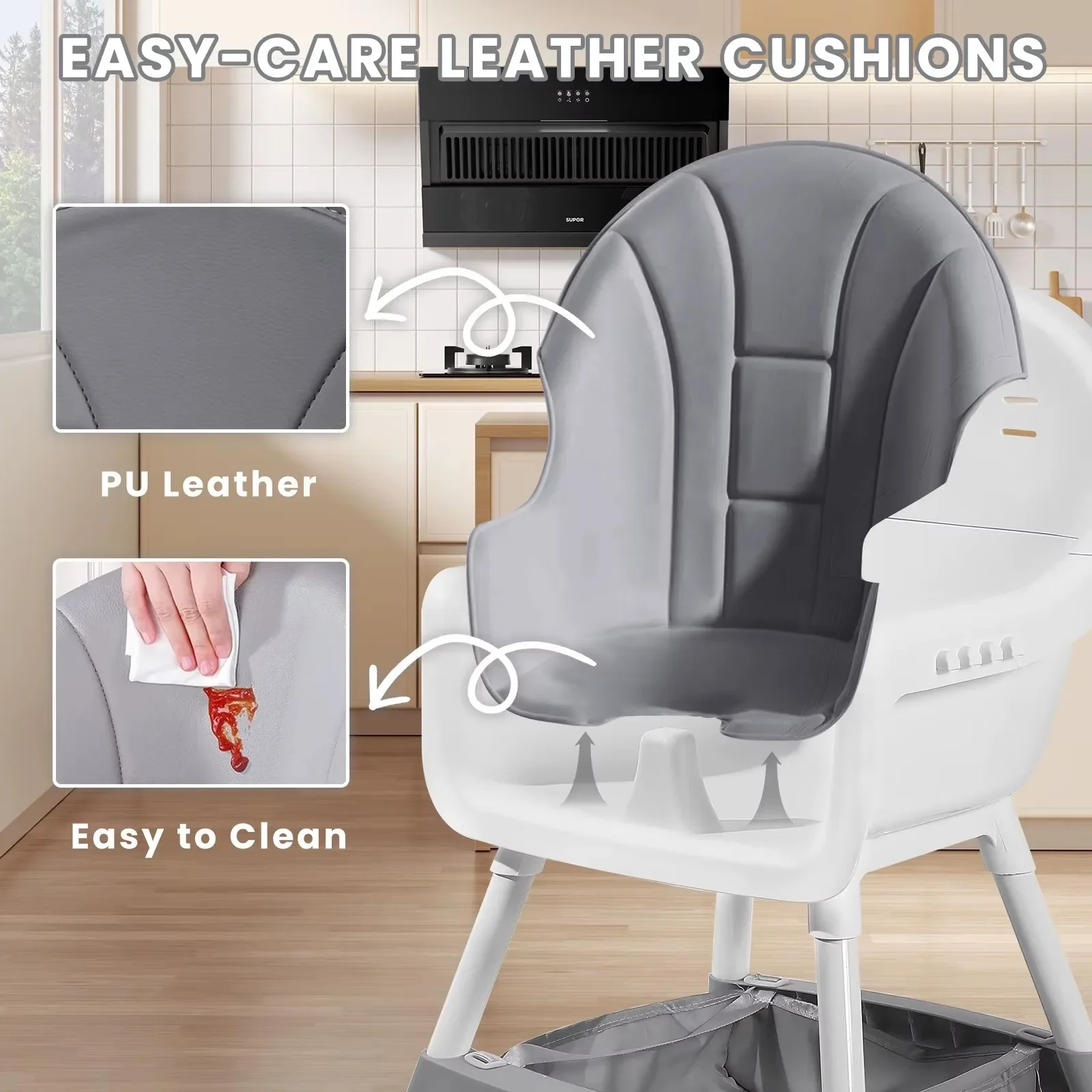 Multifunctional Kids Dining Highchair Height Adjustable Design Removable Tray Safe Sturdy Seat with Footrest & Toy Storage Space