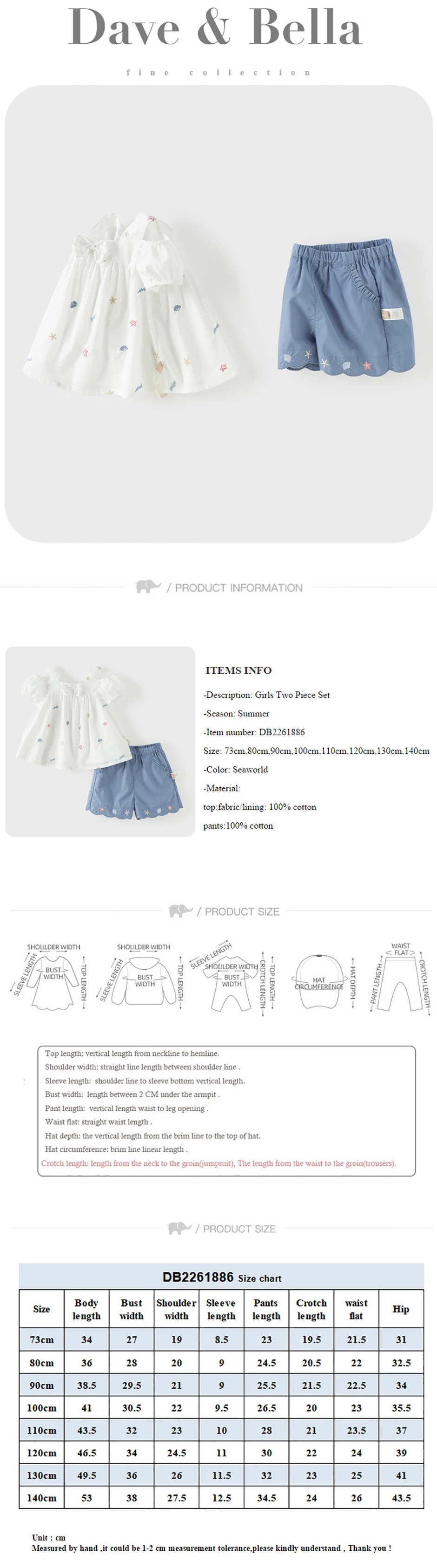 Dave Bella Children Pure Cotton Suits Girls Denim Shorts Set Summer Sweet Shirts Pant Casual Top Trousers Print Cool DB2261886