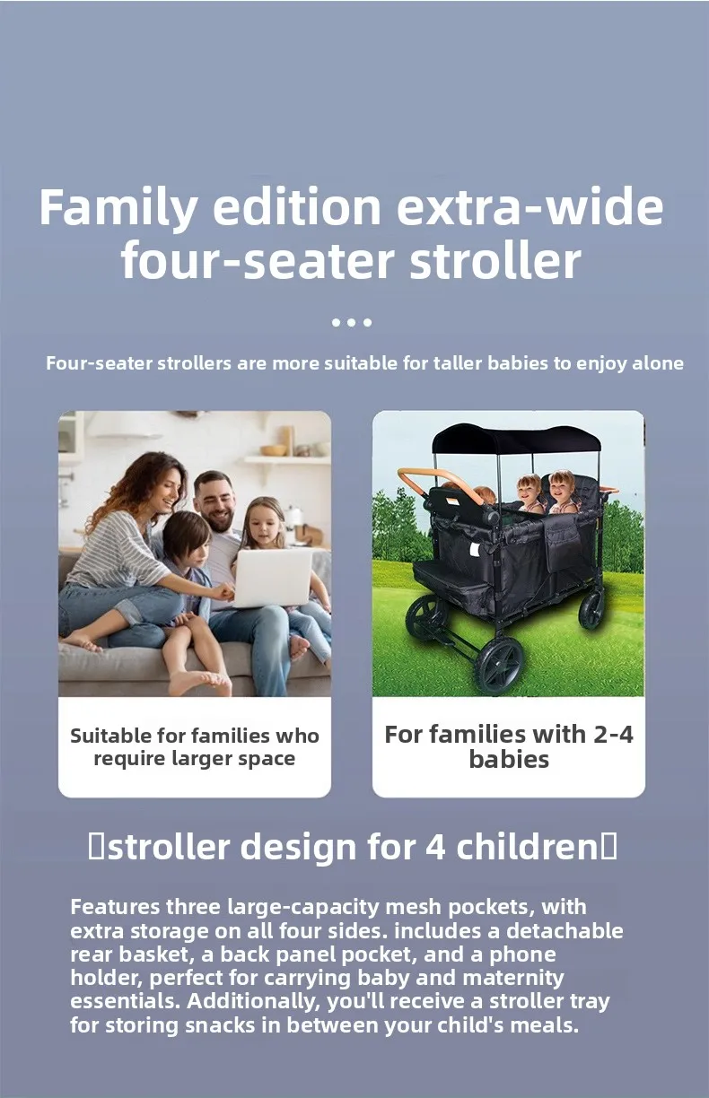 Four-seat Stroller, Can Be Used for Sitting or Reclining Baby Strollers, Suitable for Outings with Your Child.